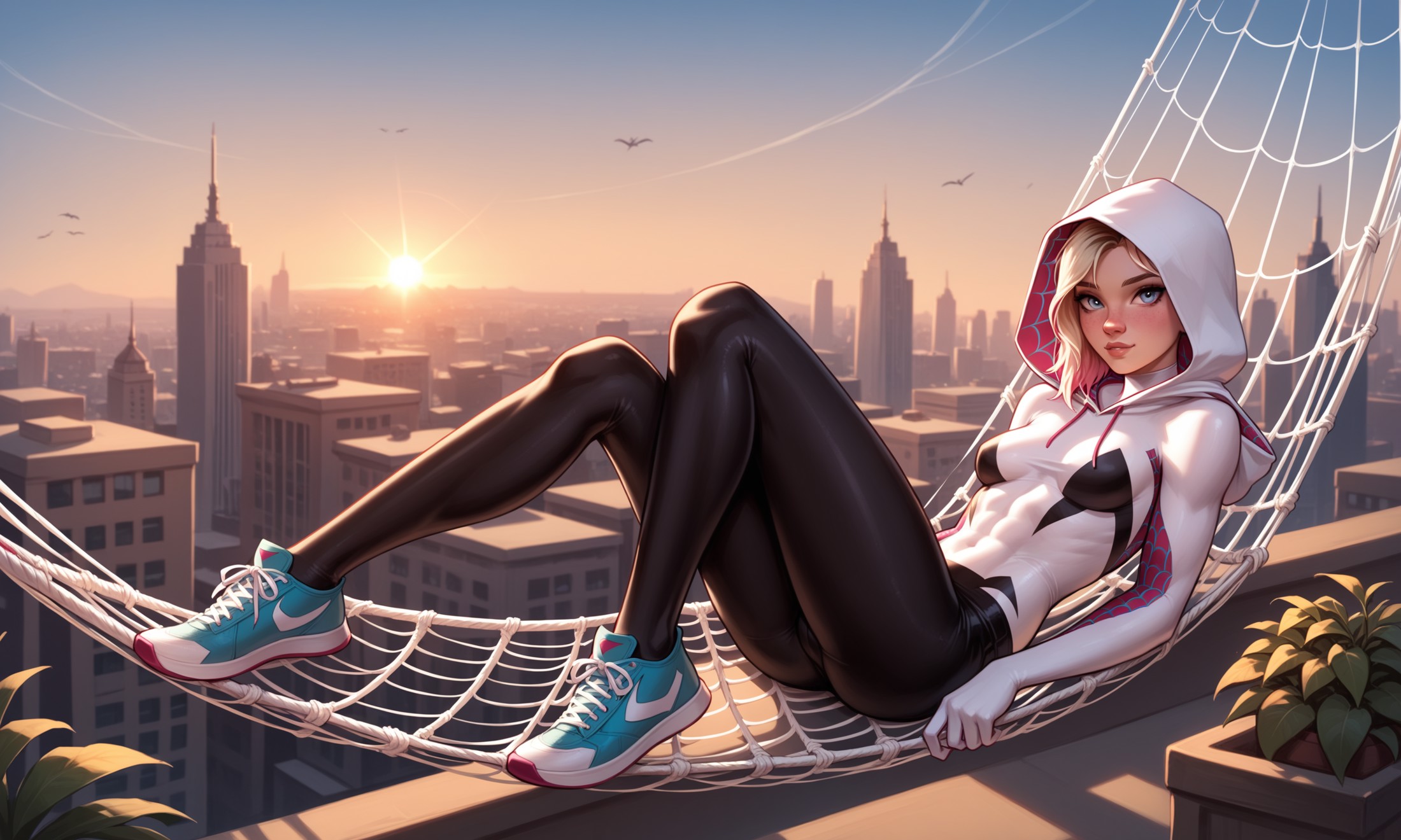 score_9, score_8_up, score_7_up, score_6_up, score_5_up, score_4_up, source_cartoon, rating_save, spider gwen lying in a w...